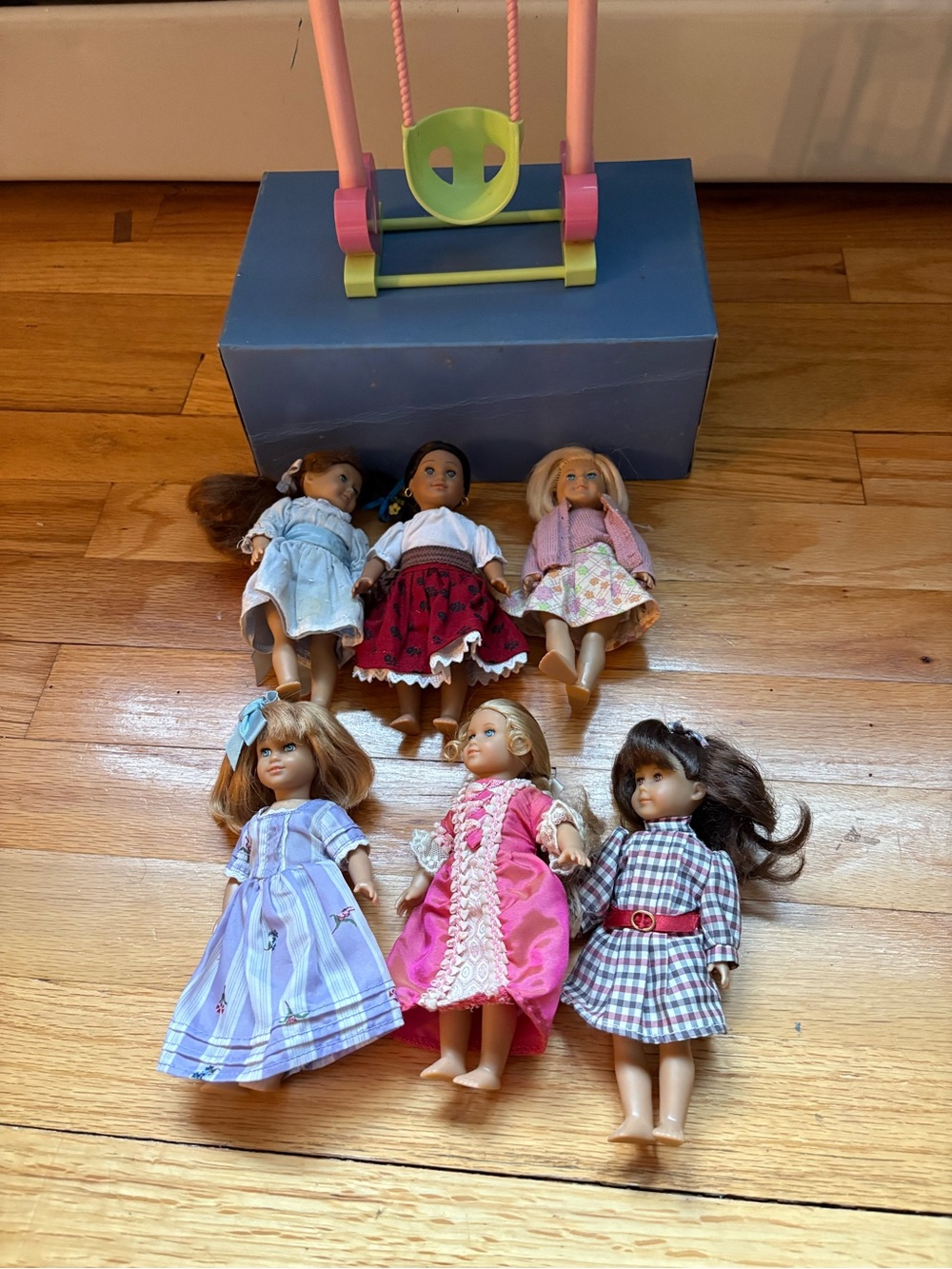 American Girl Mini Doll Lot with Pink, Purple, Blue & Green Swing